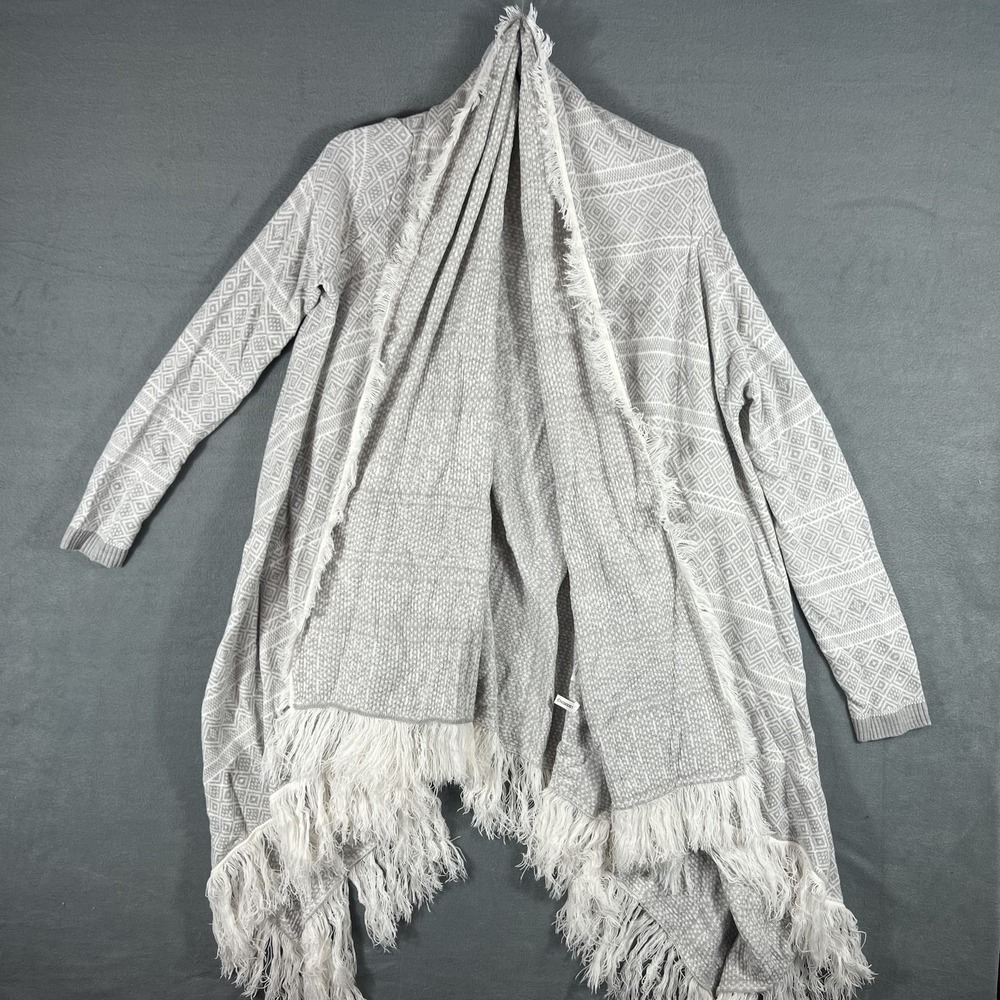 New York & Company Women's Gray White Diamond Pattern‎ Fringe Open Cardigan